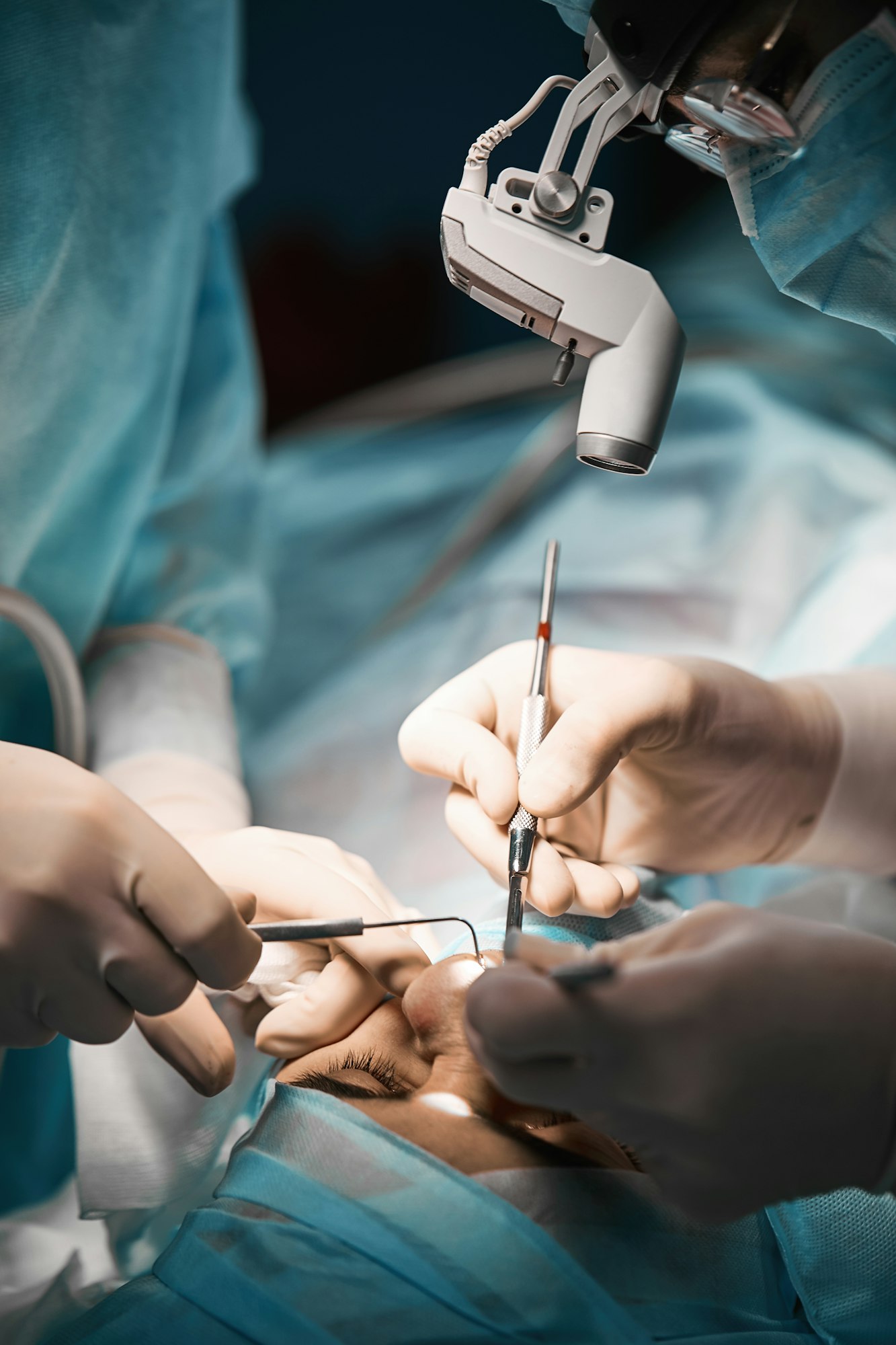 Rhinoplasty close-up. plastic surgery for the reconstruction of the nose of a man. hands of hirrugs