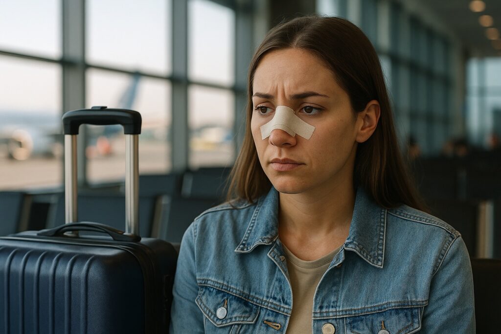 Femme inquiète après une chirurgie esthétique à l’étranger, assise dans un aéroport avec un pansement sur le nez, illustrant les risques du tourisme médical.
