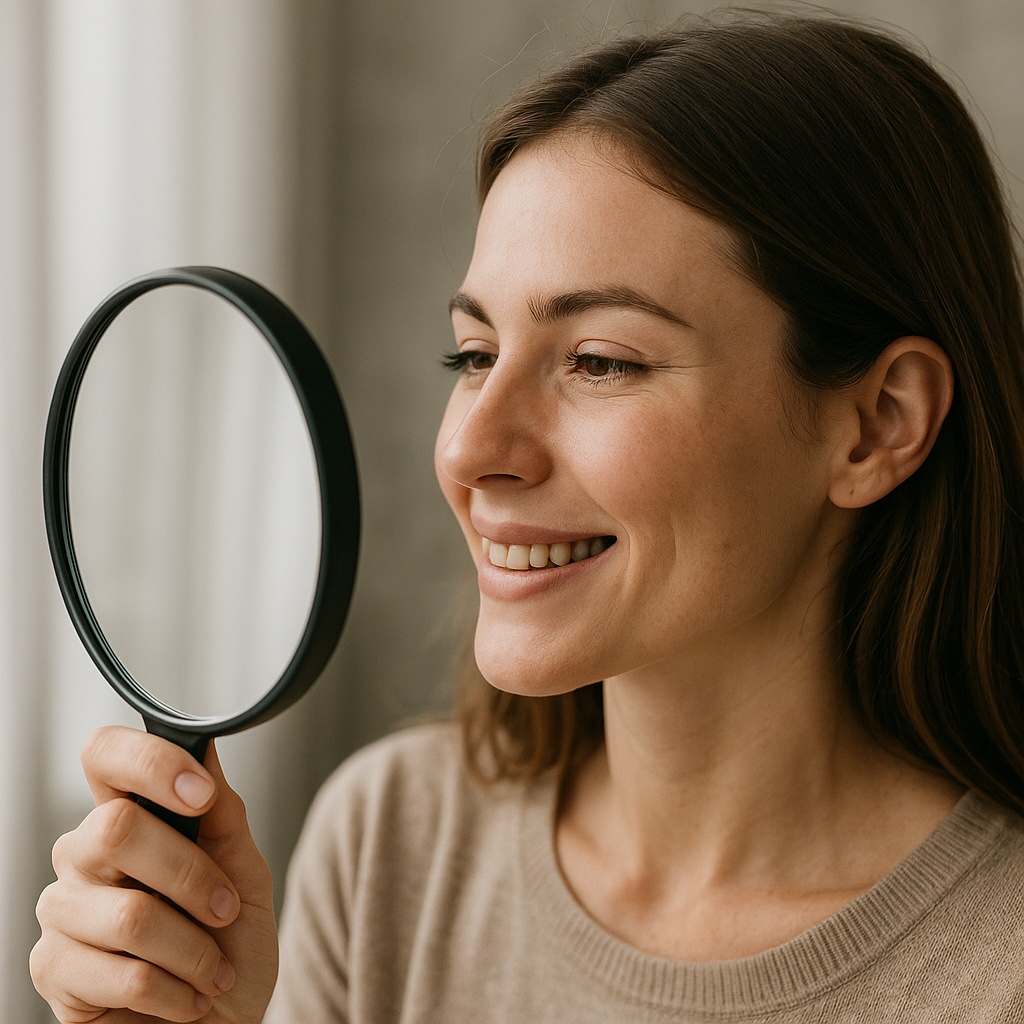 Femme souriante regardant son reflet dans le miroir après une rhinoplastie, illustrant le regain de confiance et de bien-être psychologique