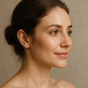 Femme souriante après une micro-rhinoplastie, affichant un nez harmonieux et naturel dans un cadre médical lumineux.