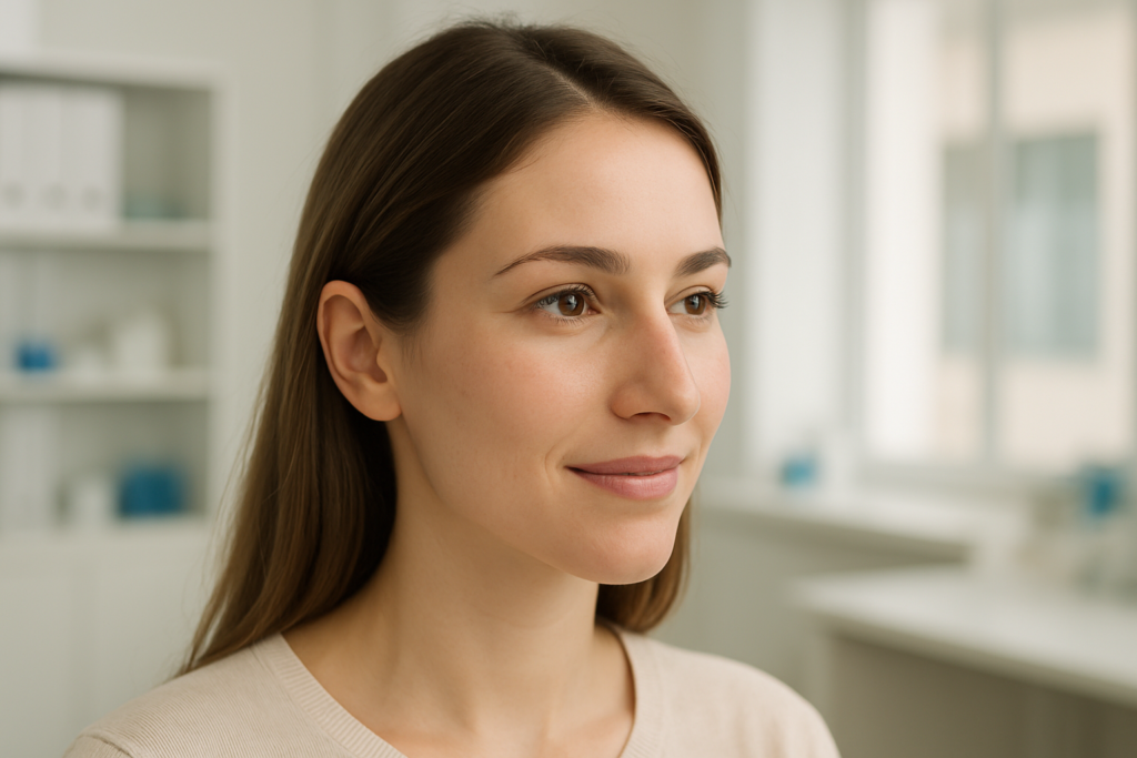 Femme souriante avec un nez naturel et harmonieux après une rhinoplastie, illustrant un résultat discret et équilibré