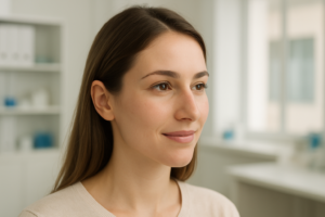 Femme souriante avec un nez naturel et harmonieux après une rhinoplastie, illustrant un résultat discret et équilibré