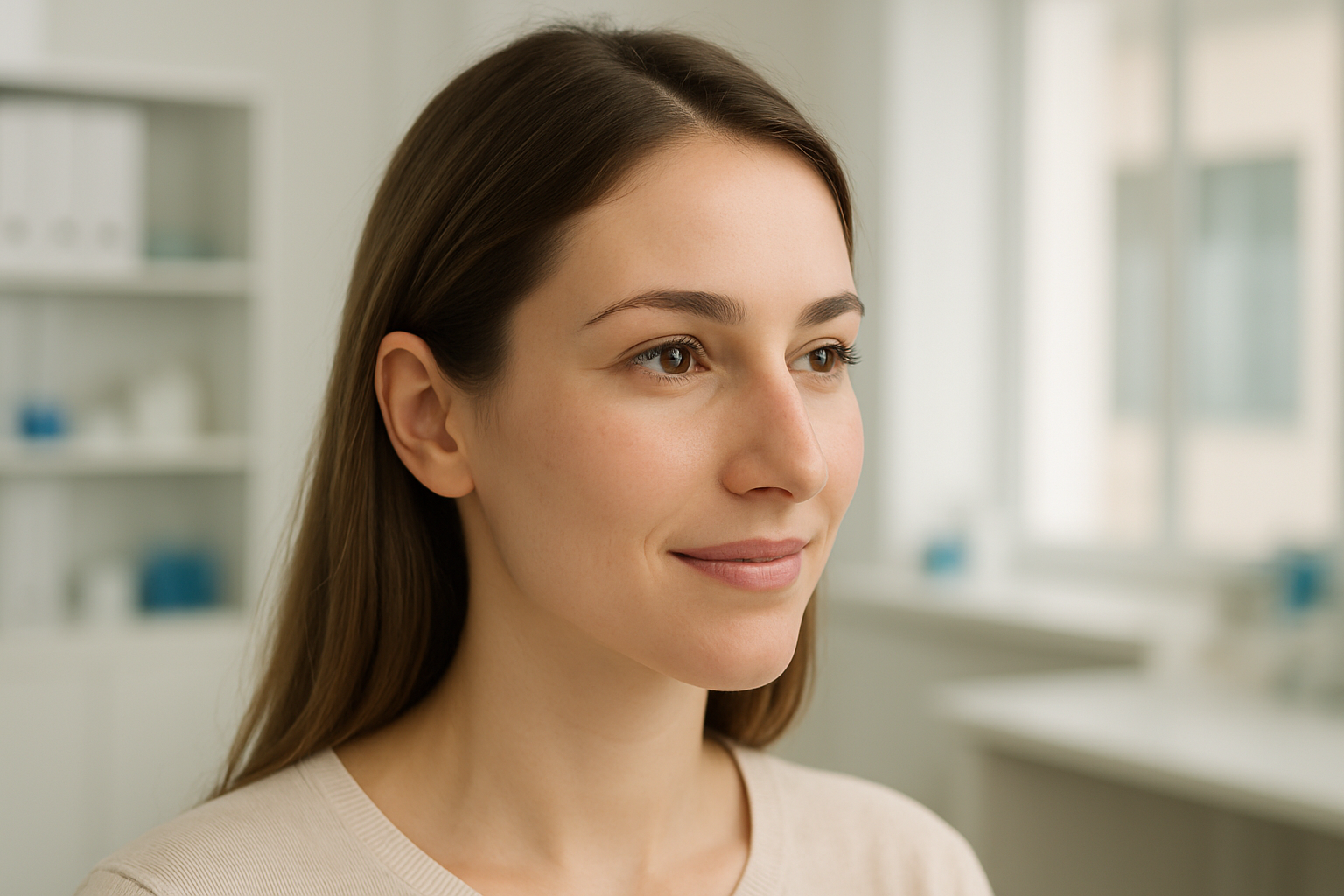 Femme souriante avec un nez naturel et harmonieux après une rhinoplastie, illustrant un résultat discret et équilibré