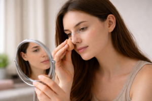 Femme appliquant délicatement du maquillage sur son nez après une rhinoplastie, illustrant la reprise progressive du maquillage sans risque