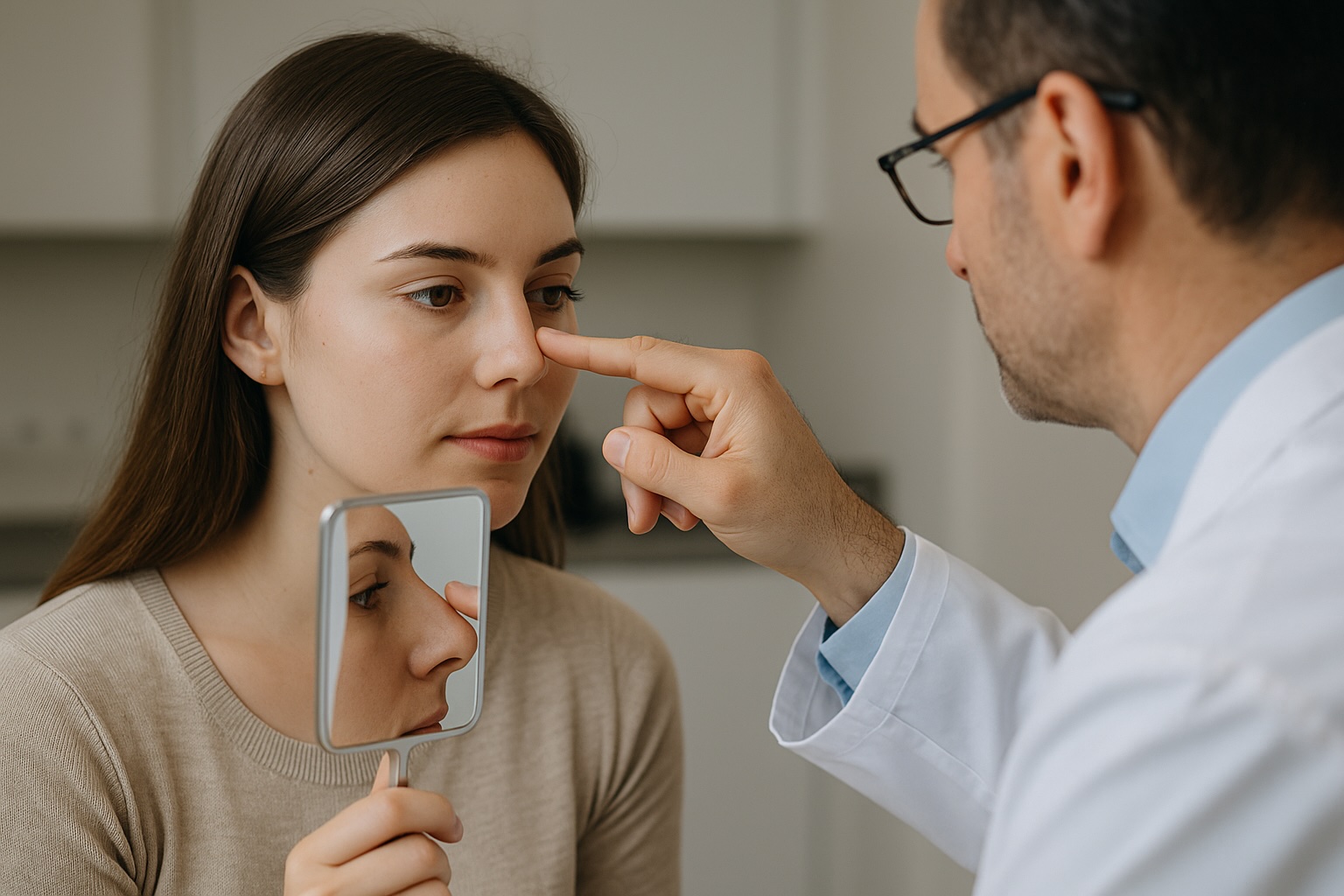 Patiente examinant son nez dans un miroir pendant une consultation de rhinoplastie, le chirurgien indiquant les zones à corriger