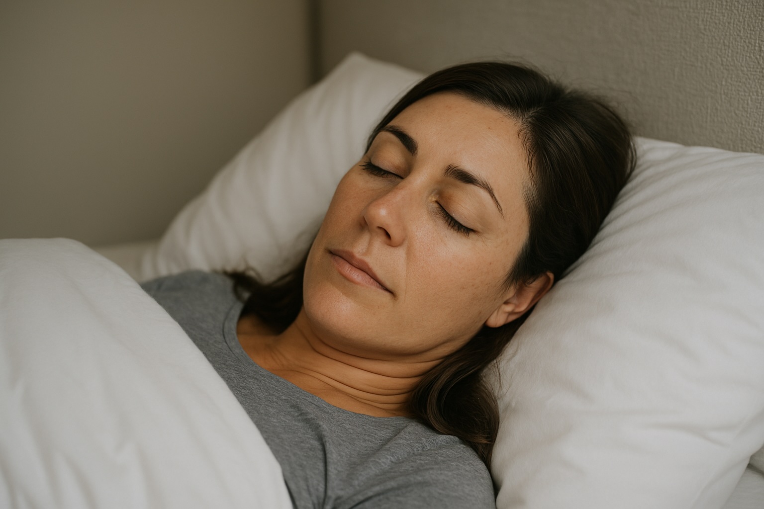 Femme allongée sur le dos dormant paisiblement, illustrant la bonne position recommandée après une rhinoplastie.