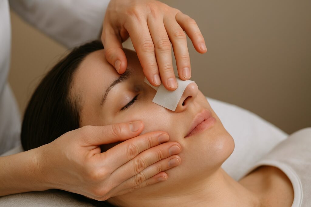 Patiente allongée recevant un massage doux du nez après une rhinoplastie pour réduire le gonflement et améliorer la récupération.