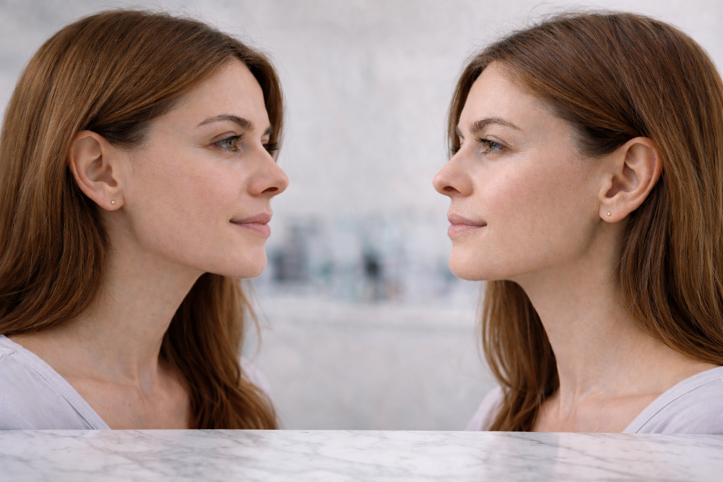 Profil d’une femme illustrant l’évolution naturelle du nez après une rhinoplastie, avec un résultat plus harmonieux au fil du temps.