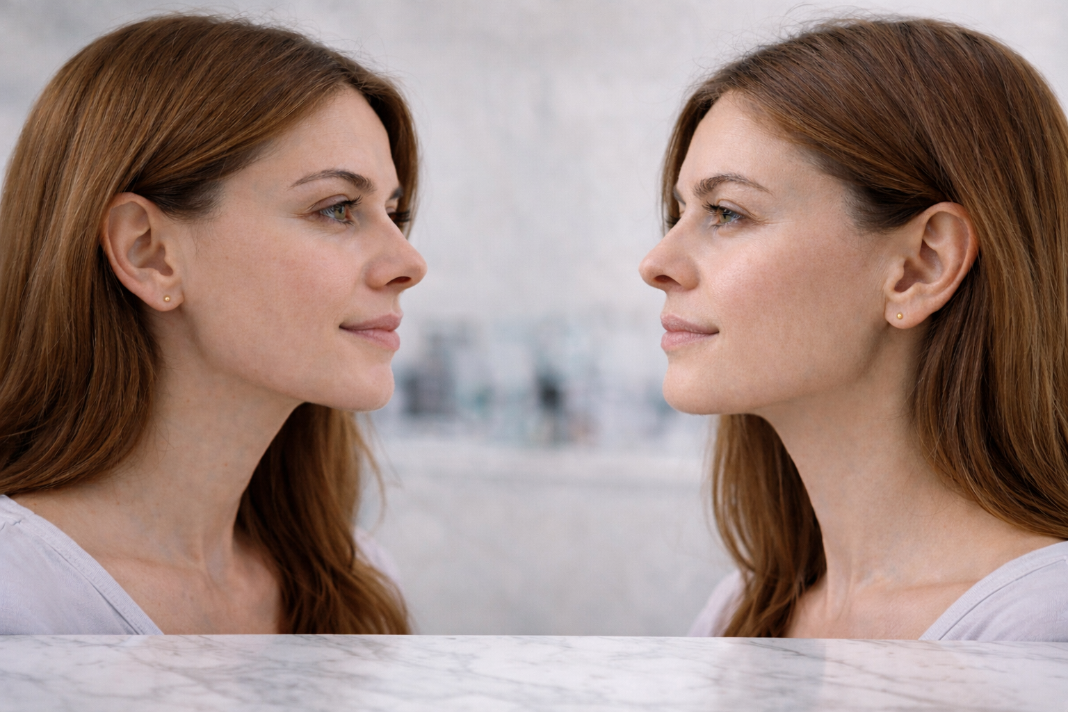 Profil d’une femme illustrant l’évolution naturelle du nez après une rhinoplastie, avec un résultat plus harmonieux au fil du temps.