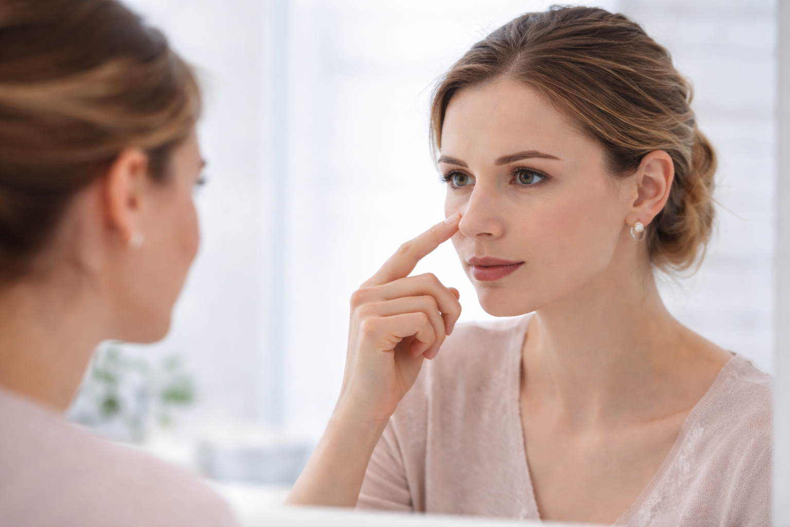 femme regardant son nez dans le miroir avant une rhinoplastie à Lyon